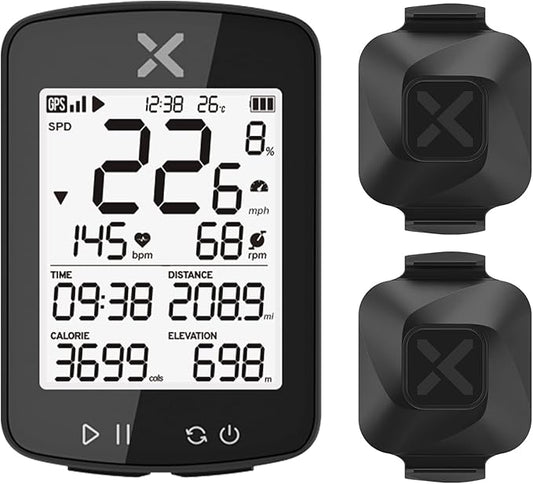 XOSS G+ Gen2 GPS Bike Computer ANT+/ Bluetooth IPX7 Cycling Computer Rechargeable Speedometer Odometer with 2.2 inch LCD Screen, 28 hrs Long Battery Life with Vortex Speed Cadence Sensor-2 Pack
