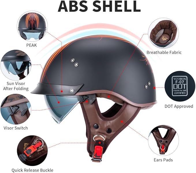 VCOROS Half Helmet Motorcycle DOT Approved Open Face Helmet with Sun Visor and Quick Release Buckle for Adults Men and Women (F07 Angel, S)