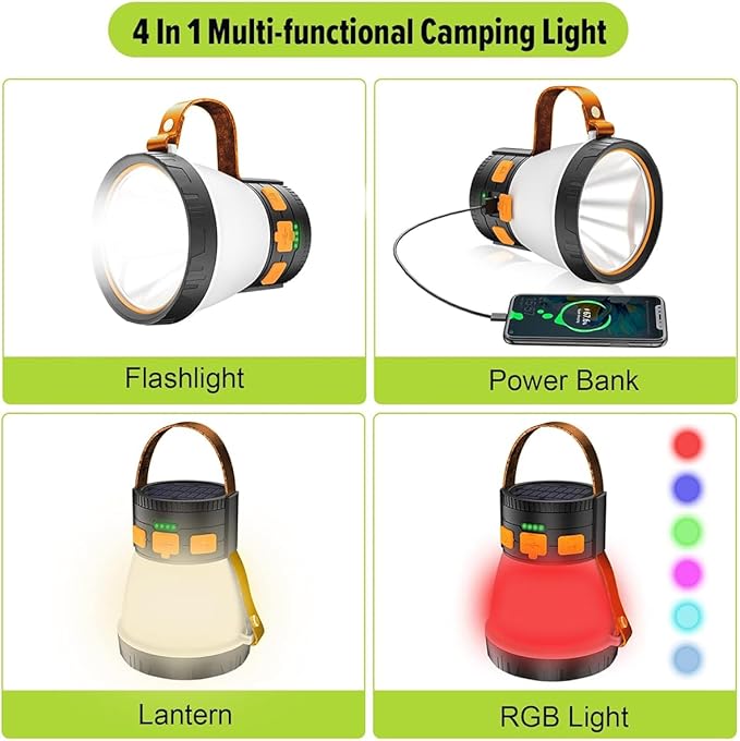 LEDキャンプランタン 1500ルーメン スポットライト懐中電灯 ソーラーパネル充電式 防水スポットライト 8点灯モード 7500mAh キャンプ用非常灯 オレンジ＆ブラウン