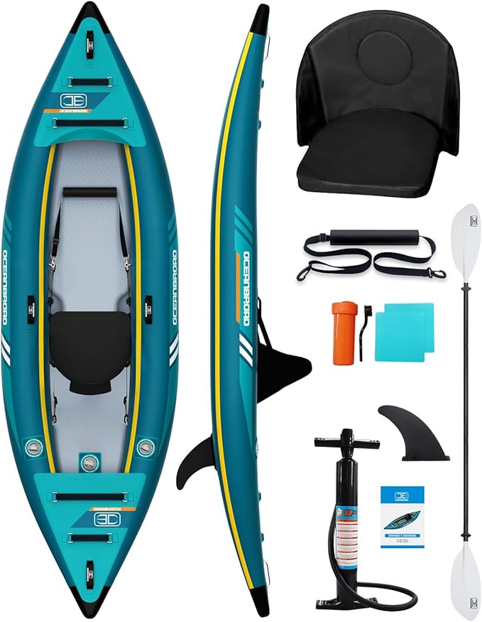 OCEANBROAD インフレータブル シットイン カヤック (HINなし)、パドル、カヤックシート、ペダル、ハンドポンプ、バッグ付き大人用1人用/2人用カヤック、ブルー/スカイブルー