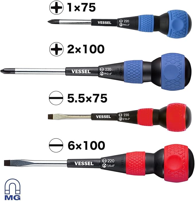 VESSEL BALL GRIP Screwdriver 4PC. Set, Red/Blue, 2204PBU