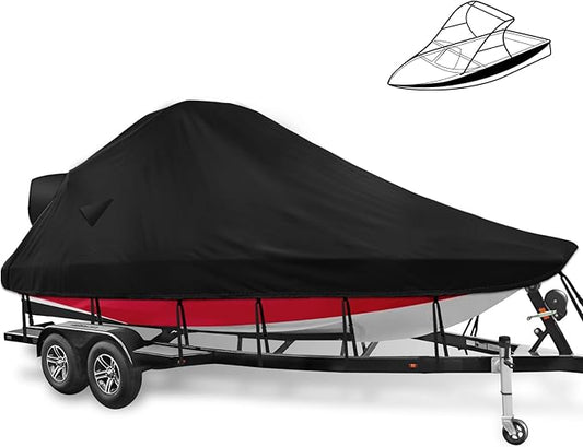 Wake Tower Boat Cover,900D Marine Heavy Duty Waterproof Boat Cover,Wakeboard Tower Boat Cover,Fits V Hull Runabout Ski-Boats, 25-27ft, Black