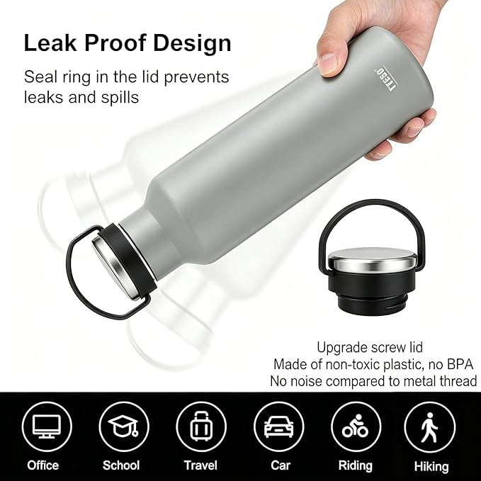 TYESO Stainless Steel Vacuum Insulated Water Bottle, Insulated Water Bottle with Soft Silicone Carry Handle (GRAY, 25 OZ)