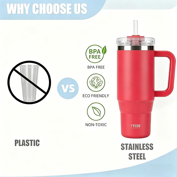 TYESO Vacuum Insulated Tumbler Water Bottle Cold Insulation Stainless Steel Bottle Straw Handle Mug Double Wall Wide Mouth (ROSE RED, 30 oz)