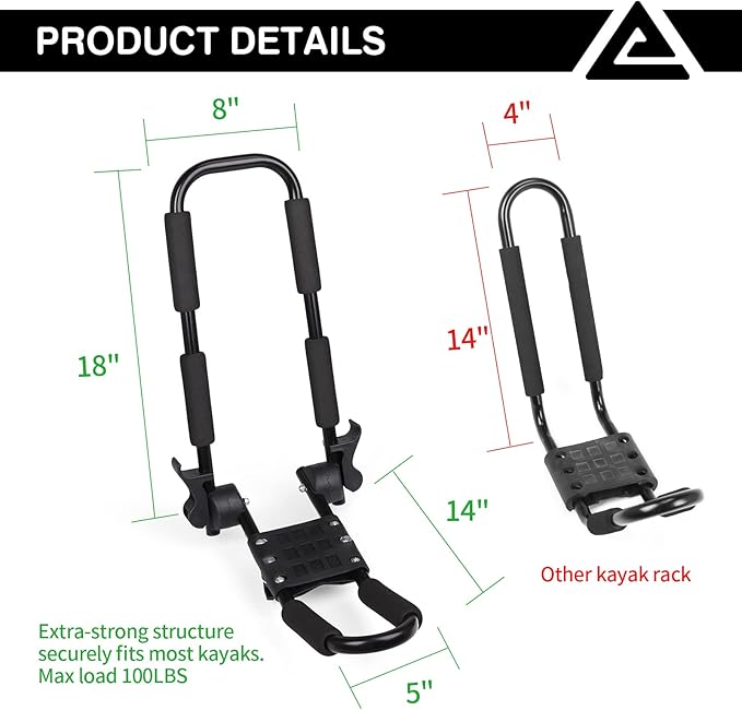 Leader Accessories Folding Kayak Rack 4 PCS/Set J Bar Car Roof Rack for Canoe Surf Board SUP On Roof Top Mount on SUV, Car and Truck Crossbar with 4 pcs Tie Down Straps - Smaller