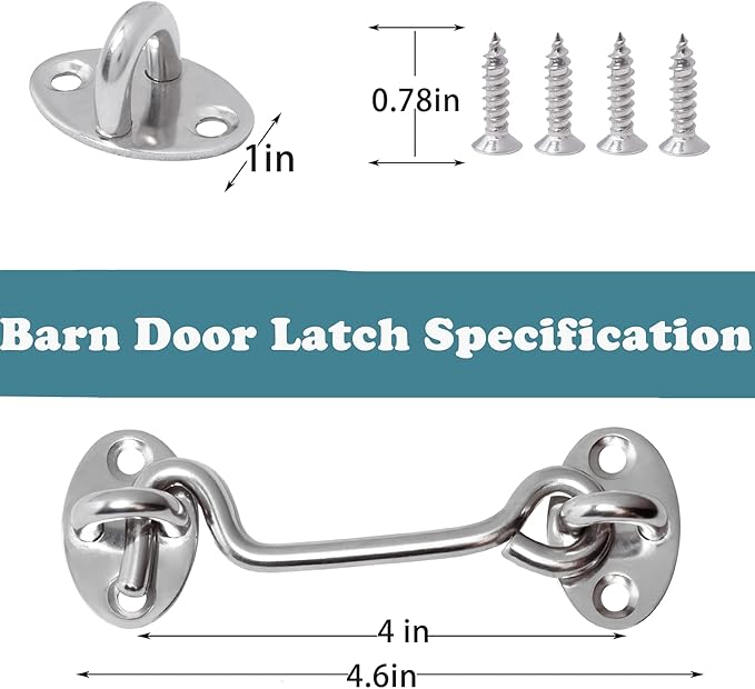 4" Barn Door Latch Door Lock Hardware, Sliding Door Lock Eye Hook Latch with Screws, Rust-Resistant Metal Gate Latch, Privacy Hooks Latch for Inside Door, Wooden Fence, Garage Door (3 Pack)