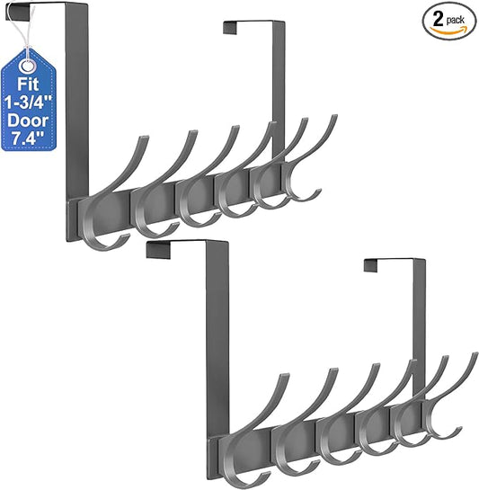 2 Pack Over The Door Hooks, Sturdy Door Hanger, Large Over The Door Towel Rack with 12 Hooks, Heavy Duty Easy to Install, for Bathroom, Bedroom，Kitchen，Hanging Towels, Coats (Grey)