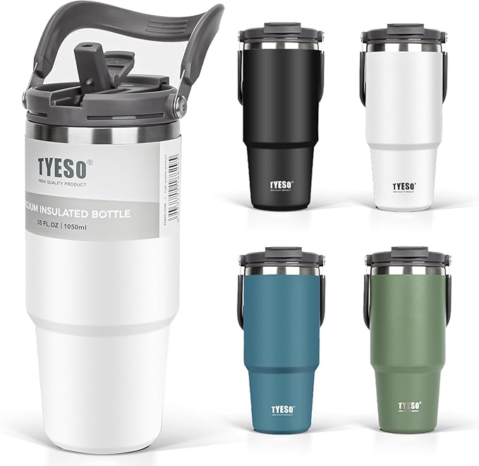 TYESO Tumbler with Handle,Tumbler with Straw, Vacuum Insulated Water Bottle,Double Wall Stainless Steel Coffee Cup Travel Mug Leak Proof Flip (White, 40 oz)