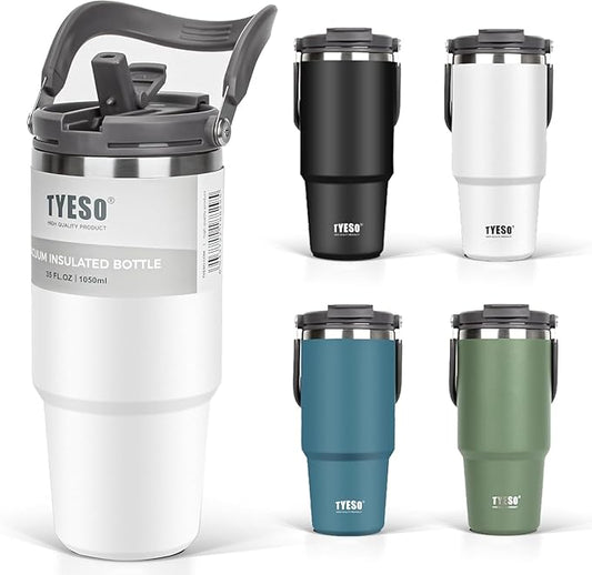 TYESO Tumbler with Handle,Tumbler with Straw, Vacuum Insulated Water Bottle,Double Wall Stainless Steel Coffee Cup Travel Mug Leak Proof Flip (White, 30 oz)
