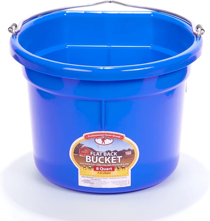 Little Giant® Flat Back Plastic Animal Feed Bucket | Animal Feed Bucket with Metal Handle | Horse Stall Feeding and Watering Supplies (Blue, 8 Quart)