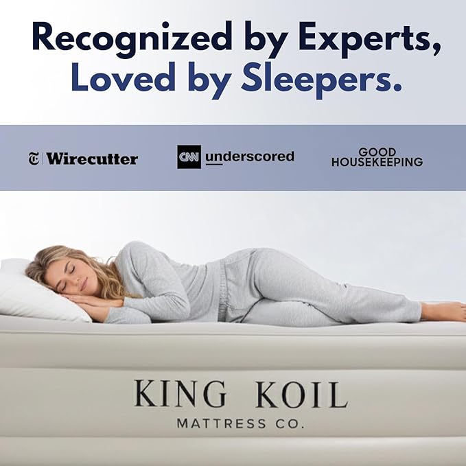 King Koil Luxury California King Air Mattress with Built-in Pump for Home, Camping & Guests - 20” King Size Inflatable Airbed Luxury Double High Adjustable Blow Up Mattress, Durable Waterproof