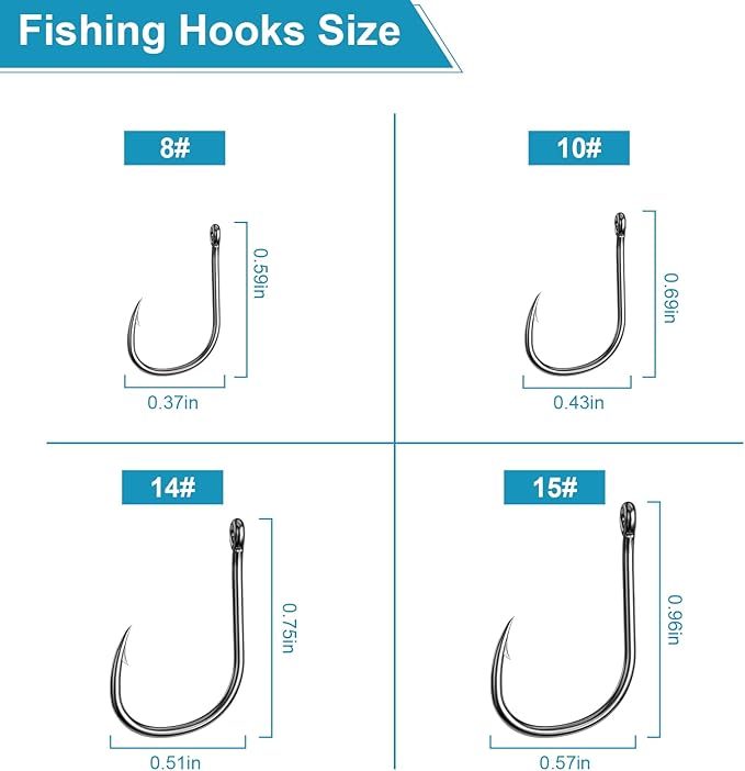 ReeMooプレミアム釣り針 500個/100個、10サイズ/4サイズ、炭素鋼製釣り針 ポータブルプラスチックボックス付き、淡水/海水用 強力で鋭いかえし付き釣り針