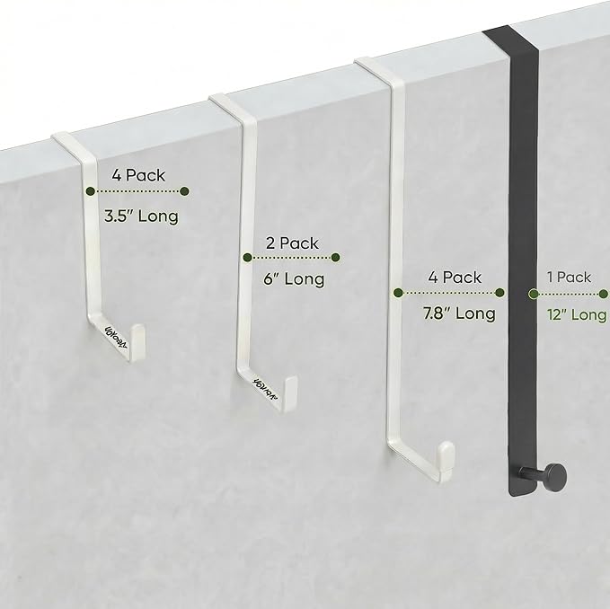 Unjumbly 4 Pack Over The Door Hooks - Fitting Door Width Between 1 3/8" and 1 3/4", Reversible Door Hangers for Hanging Clothes, Towels, Coats and More (White) (White, 4 Pack (Long-7.8"))