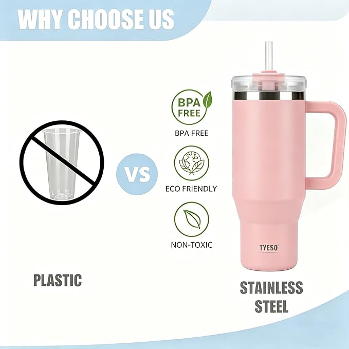 TYESO Vacuum Insulated Tumbler Water Bottle Cold Insulation Stainless Steel Bottle Straw Handle Mug Double Wall Wide Mouth (PINK, 40 oz)