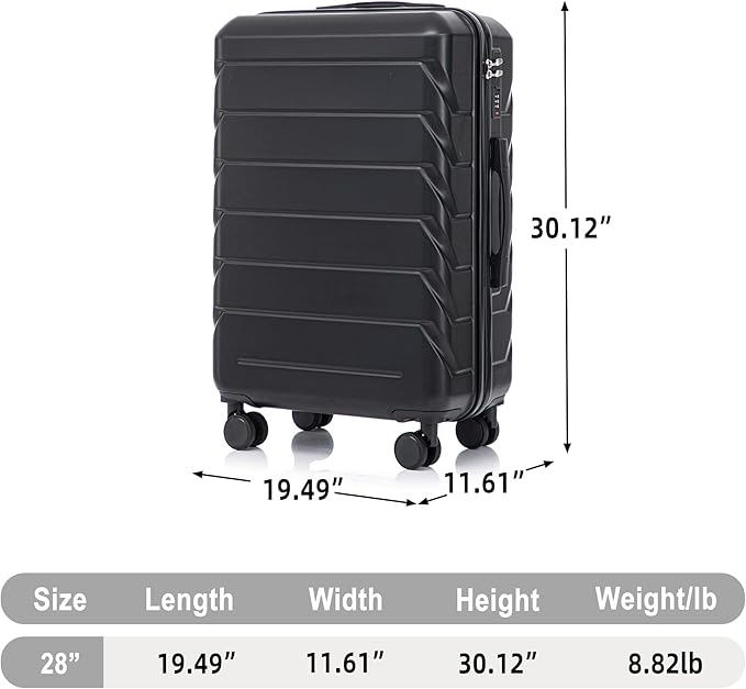 コンビネーションロックとサイドフック付き28インチABSハードシェル大型スーツケース、ブラック