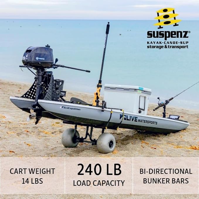 Suspenz Fishing Kayak Beach Sand Cart Trolley | Heavy Duty Canoe Carrier Trailer with Adjustable Bi-Directional Bunker Bars and Balloon Wheels | Catch-All Universal Beach Cart (22-9910)