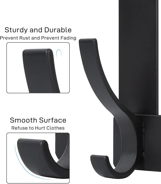 Over The Door Hooks, Door Hanger Hooks for Hanging, Over The Doors Towel Racks for Bathroom with 12 Coat Hook, Coat Rack Bathroom Accessories（2 Pack, Black）