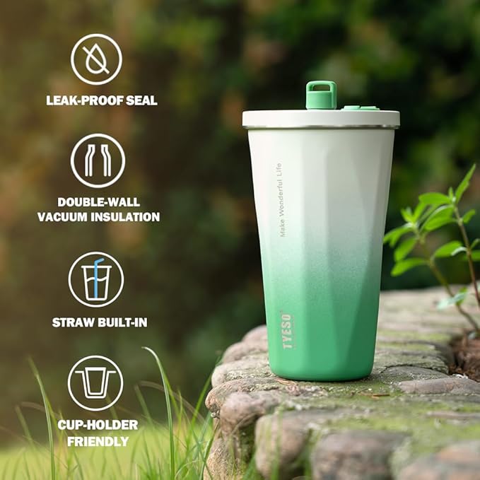 TYESO Stainless Steel Coffee Bottle, 20oz Wide Mouth Travel Coffee Cup with Straw, Vacuum Insulated Stainless Steel Tumbler, Hot & Cold Thermal Mug for Home Office Outdoor, Green