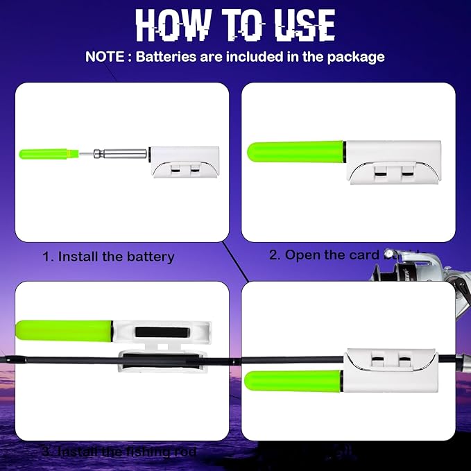6 Pcs Fishing Glow Sticks LED Fishing Pole Light Night Fish Alert Glow Stick with 8 Pcs Rechargeable CR425 Battery and Battery Charger