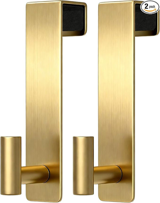 PMMASTO 2-Pack Over The Door Hooks - Rustproof Stainless Steel Door Hangers for 1-3/4 Inch Doors, Non-Marking and Tool-Free Easy Install (Gold, T Shape-Fits 1-3/4" Thick Door)