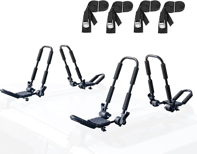 Leader Accessories Folding Kayak Rack 4 PCS/Set J Bar Car Roof Rack for Canoe Surf Board SUP On Roof Top Mount on SUV, Car and Truck Crossbar with 4 pcs Tie Down Straps - Smaller