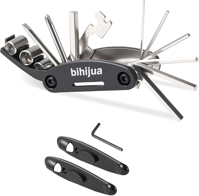 Bike Multitool 16-in-1, Bicycle Multitool, Bike Tool Kit w/Hex, Socket, Spoke Wrench + Attached 2 Tire Levers for Road Mountain Cycling Repair