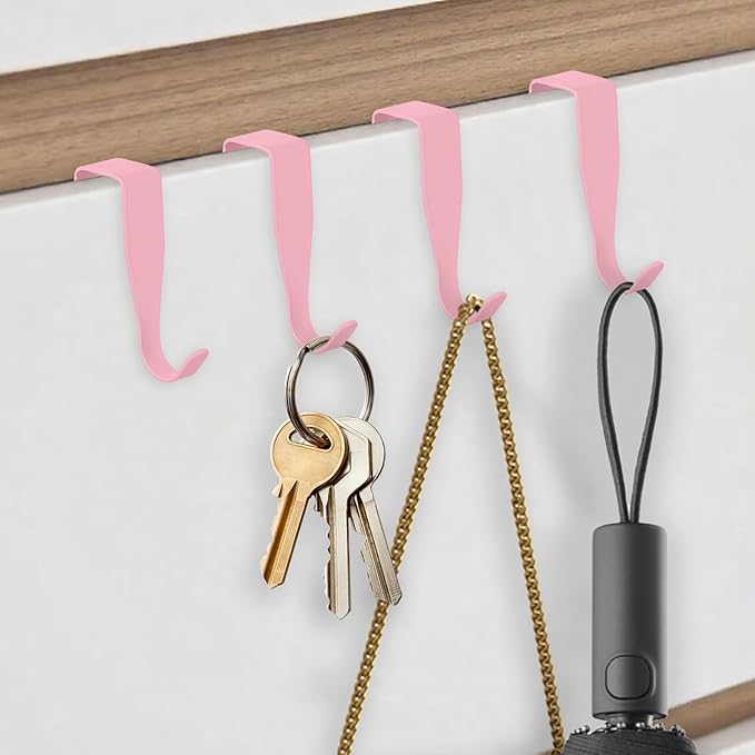 5 Pcs Over Cabinet Door Hooks Sturdy Single Metal Over Door Hanger Electroplate Metal Hook Cabinet Storage Hook for Hanging Towels Clothes Bags Cubicle Bathroom Use(Pink)