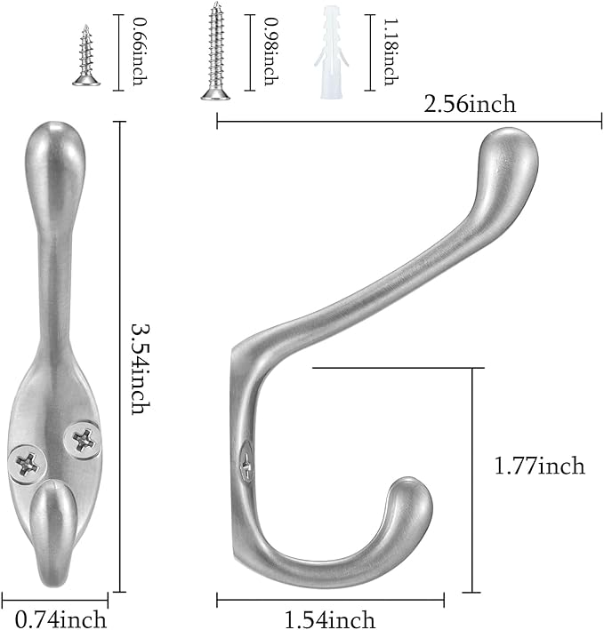 Coat Hooks 5 Pack-Heavy Duty Wall Mounted Brushed Nickel Door Hooks Double Prong Hooks for Hanging Clothes/Towels/Key-Suitable for Bedroom/Bathroom/Entryway