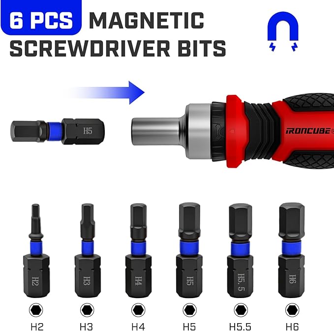 IRONCUBE Magnetic Hex Screwdriver Set: 6 in 1 Multi Bit Drive Set with Interchangeable Ratchet Handle - Portable Repair Tool Kit for DIY Bicycle Furniture - Stocking Stuffers with Gift Box