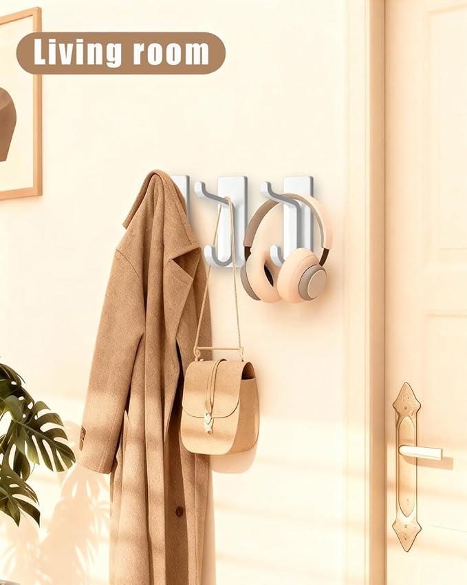 6 Pack Adhesive Wall Hooks - 15lbs Extra Stick On Hooks Heavy Duty Coat Hooks for Walls No Damage - Strong Sticky Hook for Hanging Key Purse Towel in Bathroom Kitchen Door, White