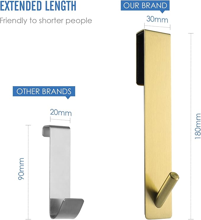 Simtive Extended Shower Door Hooks (7-Inch), Over Door Hooks for Bathroom Frameless Glass Shower Door, Towel Hooks, 3-Pack, Gold