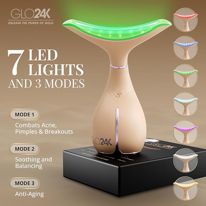 GLO24K 7色美顔器 – トリプルLEDアクション＆振動テクノロジー フェイス＆ネックマッサージャー