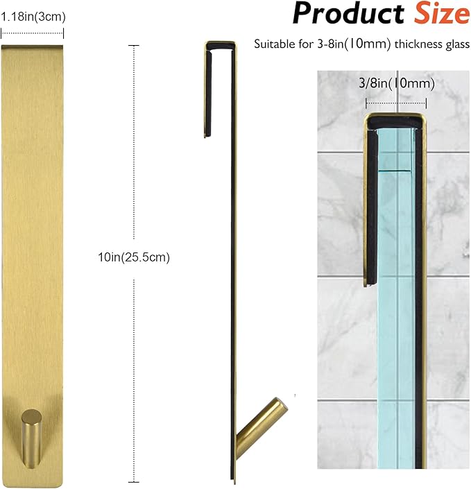 Shower Door Hooks(10 Inch),Extended Over Door Hooks for Bathroom Frameless Glass Shower Door,Stainless Steel Towel Hooks,Heavy Duty Rack Hooks for Robe,Towel-2 Pack-Gold
