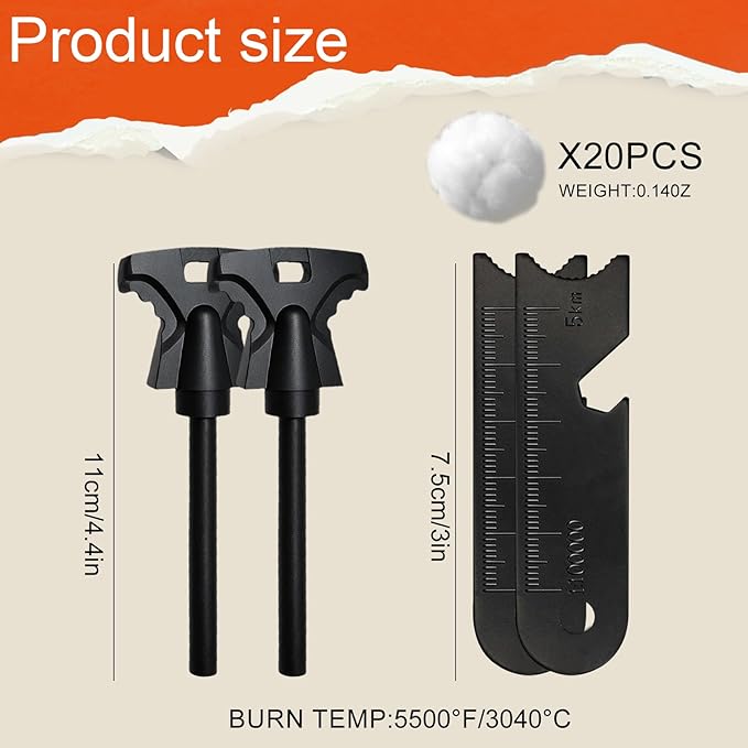 2PCS Magnesium Fire Starter with Striker, High Temp Magnesium Rod, Ferro Rod Fire Starter Survival Tool with 20Pack Waterproof Tinder and Steel Fire Striker for Camping, Hiking and Emergency