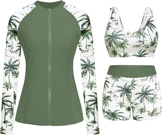 Holipick Long Sleeve Swimsuits for Women - 3 Piece Rash Guard with Shorts Zipper SPF Swim Shirt with Built in Bra