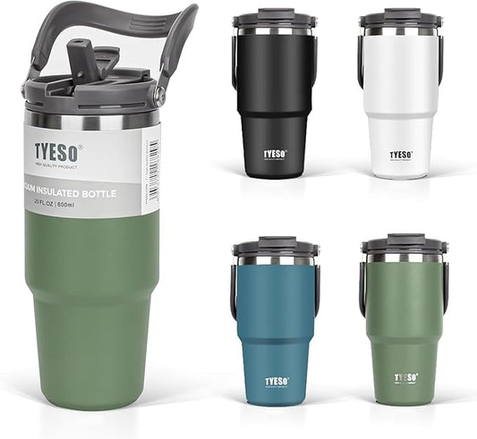 TYESO Tumbler with Handle,Tumbler with Straw, Vacuum Insulated Water Bottle,Double Wall Stainless Steel Coffee Cup Travel Mug Leak Proof Flip (GREEN, 30 oz)