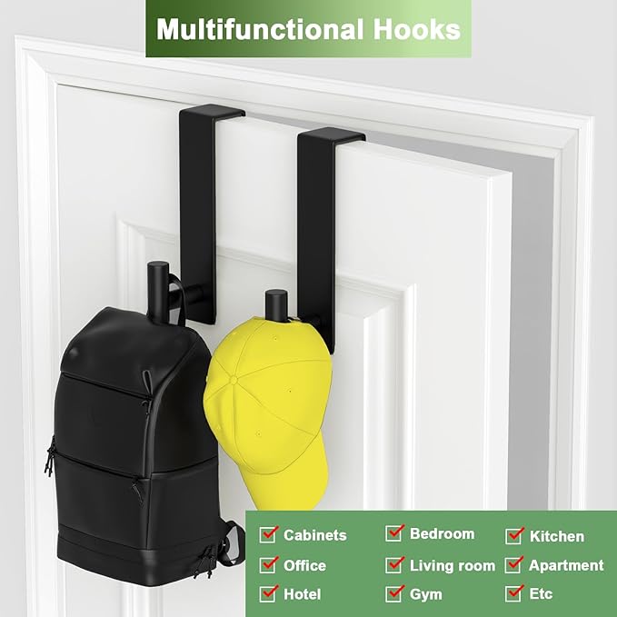 Heavy Duty Stainless Steel Over-Door Hook for Coats, Totes, Towels – Easy Install Door Hooks with Non-Slip Pads for Bedroom Bathroom Entryway Office (Black, 2 Pack, Fits 1-3/4" Thick Door)