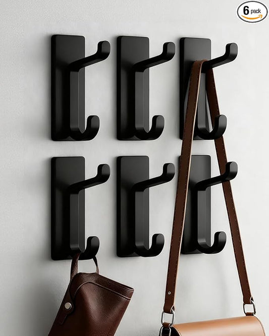 Self Adhesive Wall Hooks, 6 Pack Coat Hooks Wall Mount Heavy Duty Stainless, Double Extra Stick On Towel Hook for Bedroom Kitchen, Over The Door Hook for Hanging Key Hat Backpack (Black)