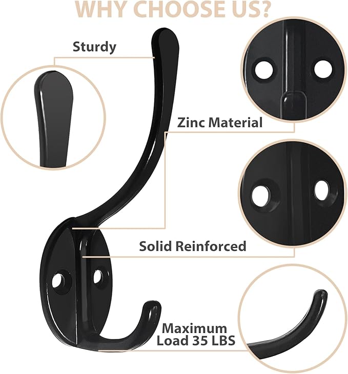 10 Pack Coat Hooks Wall Mounted with 20 Screws, Heavy Duty Black Towel Hooks Metal Double Hooks, No Rust Retro Rustic Wall Hooks for Hanging Towel, Coat, Scarf, Bag, Hat, Cup, Key