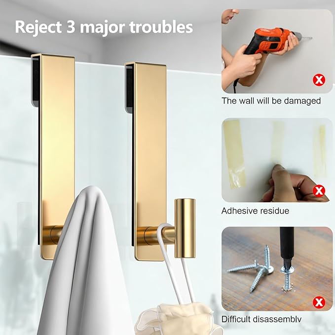 PMMASTO Shower Door Hooks, (7.5 Inch) Extended Towel Hooks for Bathroom Frameless Glass Shower Door, Stainless Steel Heavy Duty Hooks (Gold, T Shape-Fits 3/8" Thick Door)