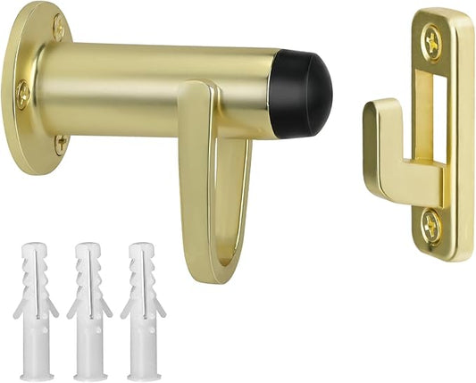 HOMOTEK 1Pack Heavy Duty Door Stopper with Manual Hook Windproof,Door Holder Stop with Sound Dampening Rubber Bumper Wall Mounted, Brushed Brass