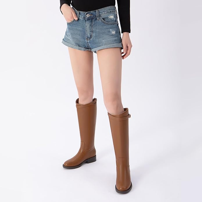 Athlefit Women's Knee High Riding Boots Round Toe Low Heel Tall Boots Pull On Long Booties with Buckle
