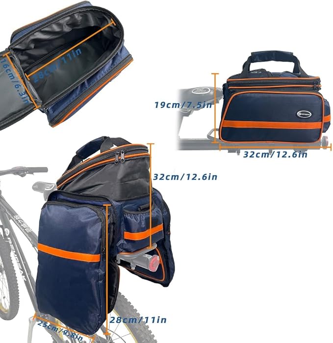 reygeak Bike Rack Bag, 25L Multi-functional Polyester Saddle Trunk Shoulder Panniers for Bicycle, Black Large Capacity Extensible Luggage for Adults, with Rainproof Cover (Blue Orange)