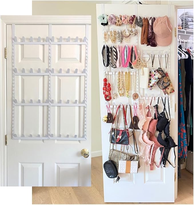 Evelots Rack for Purses, Belts, Jewelry, Ties, Hats - New Over The Door Organizer - Adjustable 8 Tier - 40 Hooks for Multi Uses - Easy Assembly - No Tools Needed - White Coated Sturdy Metal