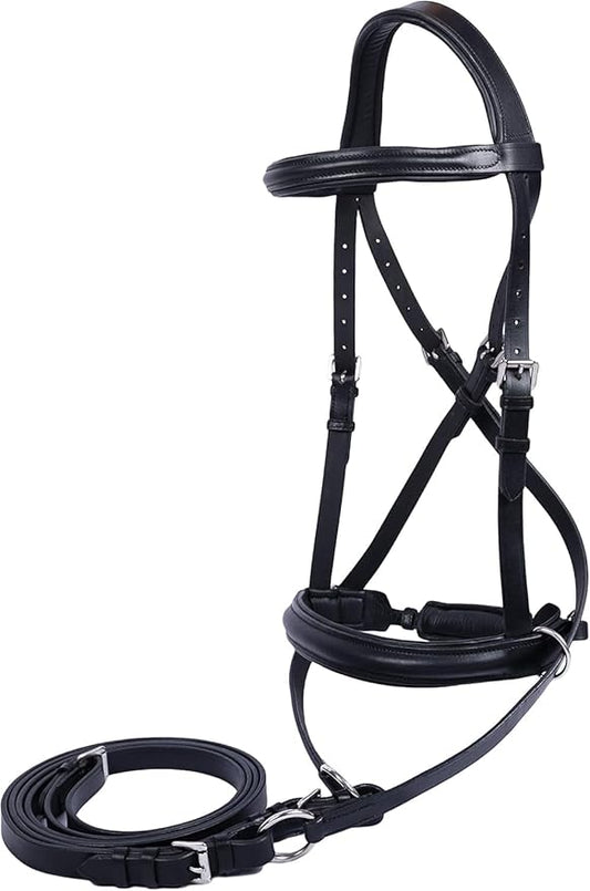 Hulara Genuine English Leather Crossover | Crossunder Bitless Horse Bridle Headstall with Reins