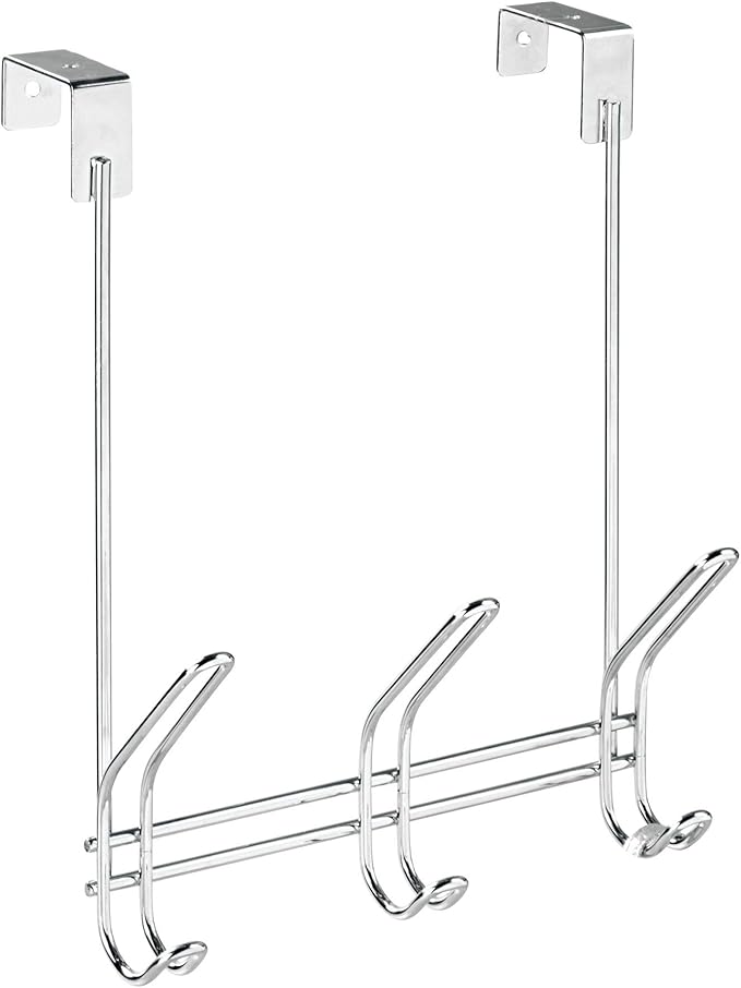 iDesign Classico Metal Over the Door Organizer, 3-Hook Rack for Coats, Hats, Robes, Towels, Jackets, Purses, Bedroom, Closet, and Bathroom, 5" x 8.2" x 12.5", Chrome