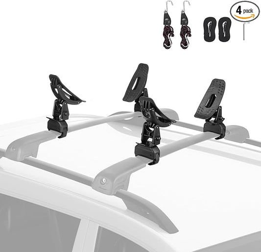 JOYTUTUS Kayak Roof Rack Saddles, Crab Roof Mounting Kit Fits Most Car SUV Truck Cross Bars, Carrier Kayak Paddle Board Surfboard with Tie Down Straps Ratchet Strap,150LBS Load Capacity 2 Pairs