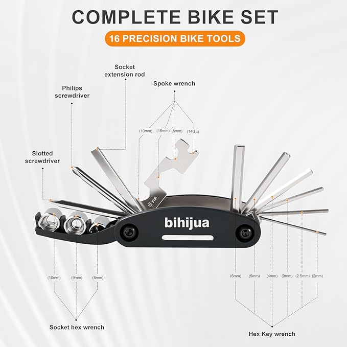 Bike Multitool 16-in-1, Bicycle Multitool, Bike Tool Kit w/Hex, Socket, Spoke Wrench + Attached 2 Tire Levers for Road Mountain Cycling Repair