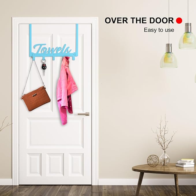 Over The Door Hooks, Towel Rack for Bathroom Over Door Towel Hanger, Heavy Duty with 5 Coat Hooks for Pool, Bedroom, Bathroom, Kitchen Towels, Bags (Blue)