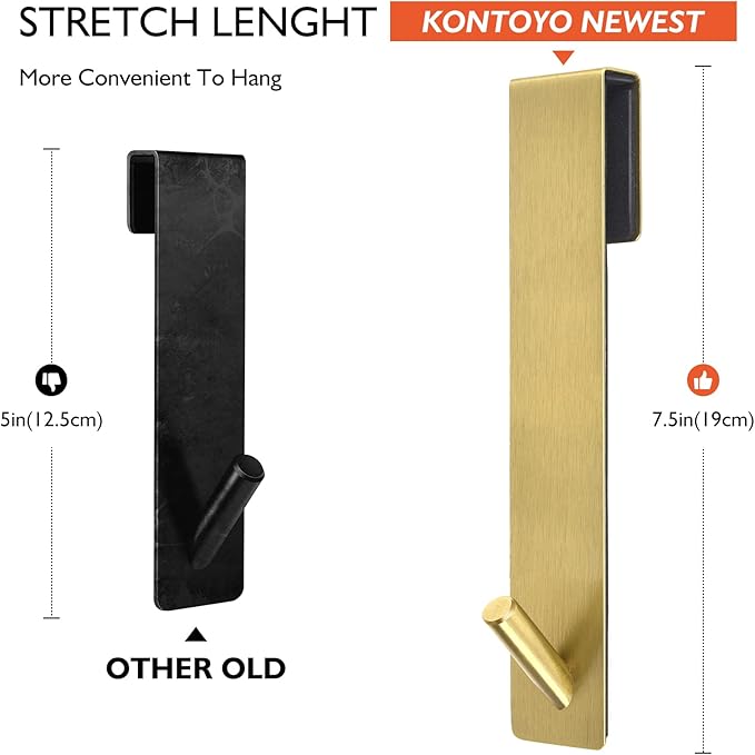 Shower Door Hooks (4 Pcs), 304 Stainless Steel, 7.5x1.18in, Gold, Frameless Glass Door Towel Storage, Lightweight, Heavy Duty, Rust Resistant, Removable, Non Slip